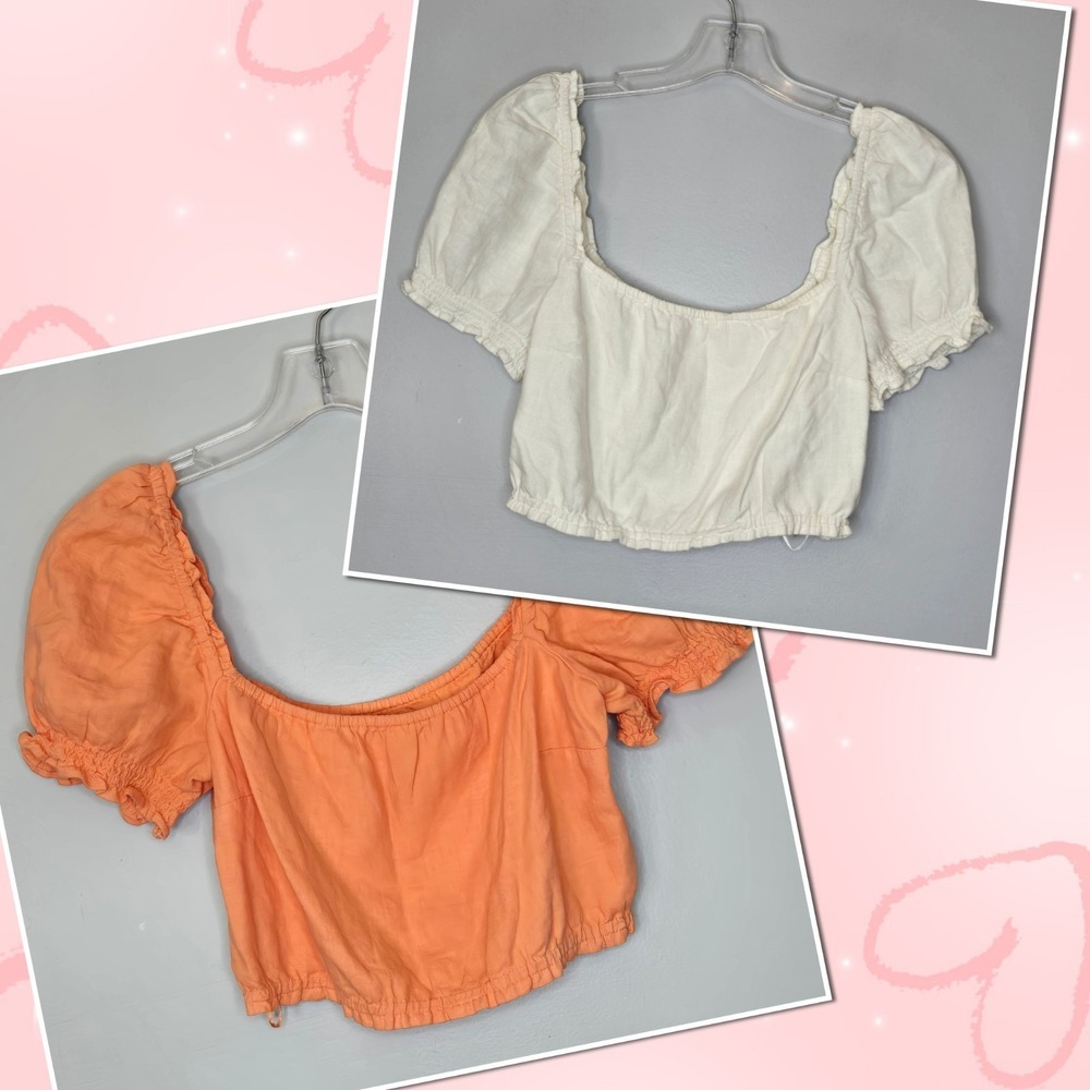 AF Linen Blend Puff Sleeve Top Large‎ Orange White Smocked Crop Boho Fairycore L